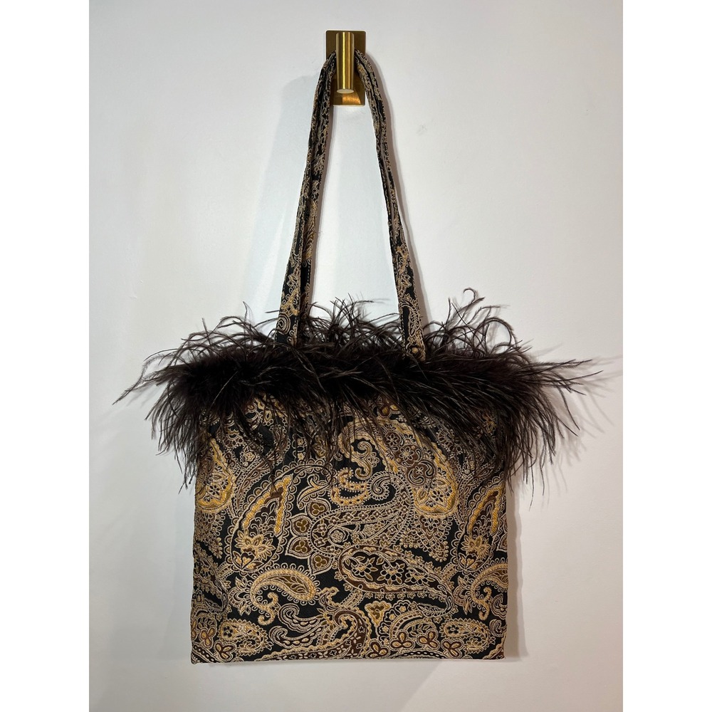 CBK Paisley Feather Tote Bag Brown Gold Tapestry Ostrich Trim Statement Large OS